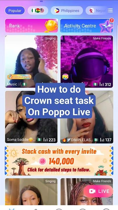 लाइव स्ट्रीम या पार्टी में क्राउन सीट्स दिखाने वाला Poppo Live इन-गेम इंटरफ़ेस