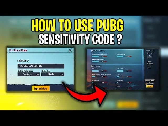 PUBG Mobile sensitivity code generation interface showing the share button and code display