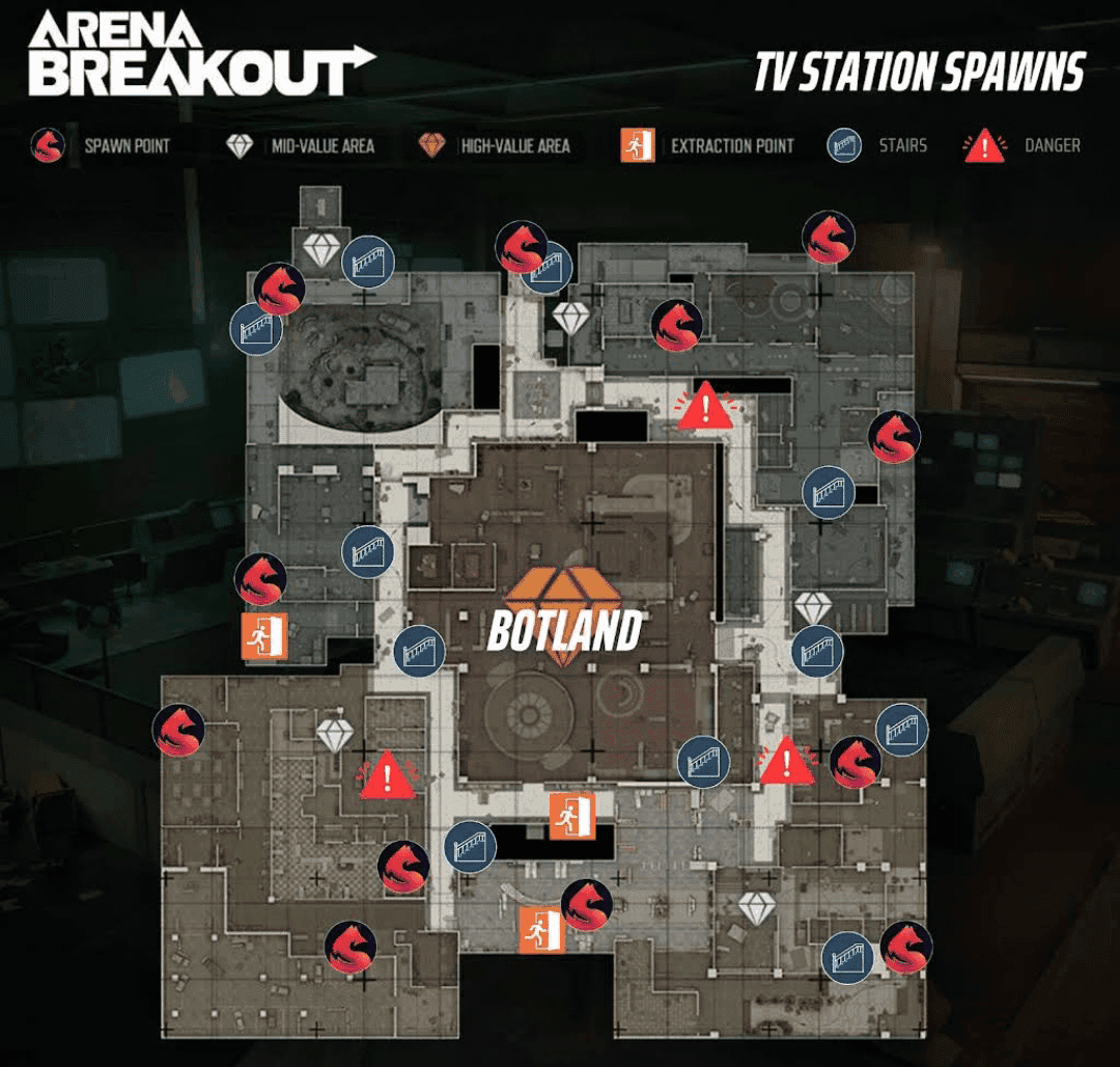 एरिना ब्रेकआउट टीवी स्टेशन मैप क्लोज-क्वार्टर कॉम्बैट क्षेत्रों को दर्शाता है