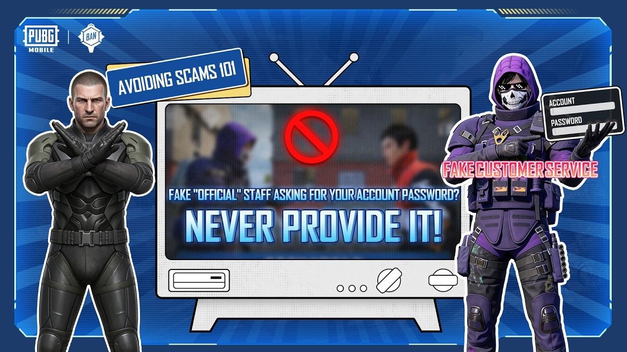 ภาพอาร์ตเวิร์กอย่างเป็นทางการ PUBG Mobile Avoiding Scams 101 ห้ามให้รหัสผ่านแก่เจ้าหน้าที่ปลอมเด็ดขาด