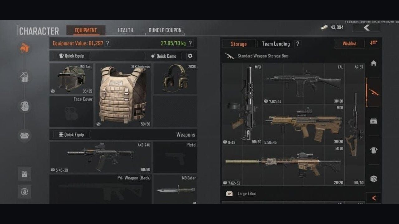 Obrazovka postavy v Arena Breakout Mobile s budget výbavou za 81 000 Koenů