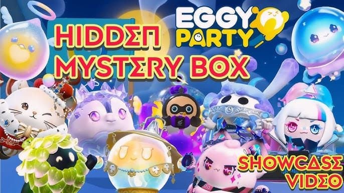 واجهة صندوق الغموض في Eggy Party تعرض معدلات الاحتمالية للعناصر غير الشائعة والنادرة والملحمية والقصوى