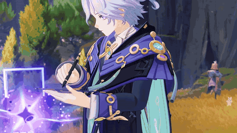 Genshin Impact 7.2 預告片中,全新 5 星雷元素法器角色 Mitya 旋轉切換至其「Genius At Play」名片的動態片段