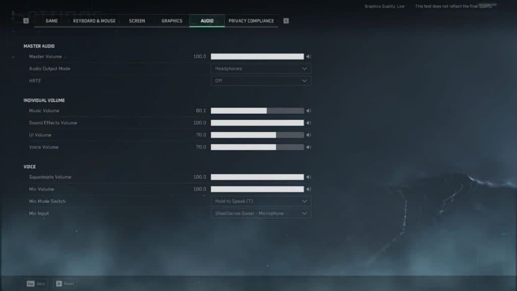 Menu des paramètres audio en jeu de Delta Force avec HRTF et SFX optimisés