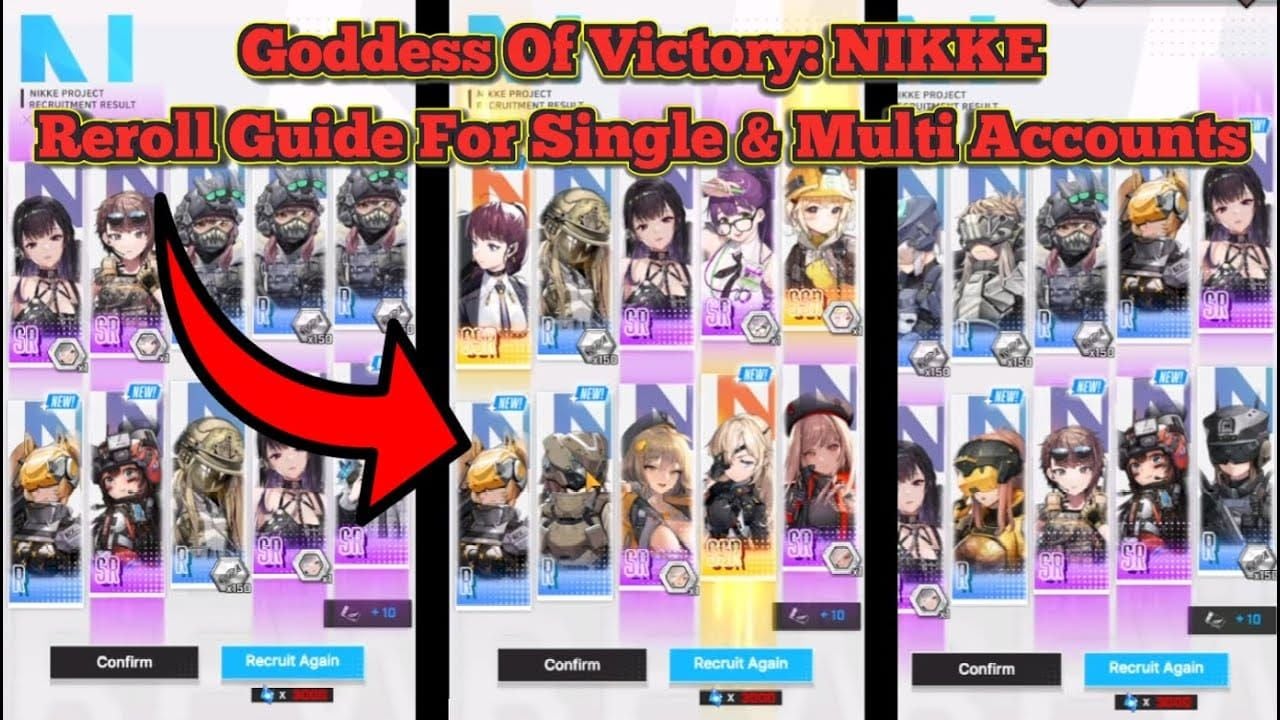Goddess of Victory: Nikke reroll process guide showing game interface and recruitment screens