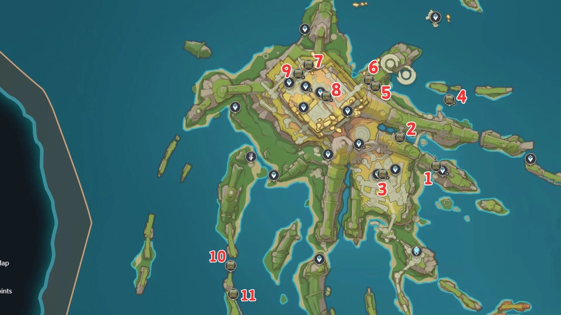 Harta Genshin Impact a regiunii de nord-vest Ochkanatlan cu locații de farming pentru Withering Purpurbloom