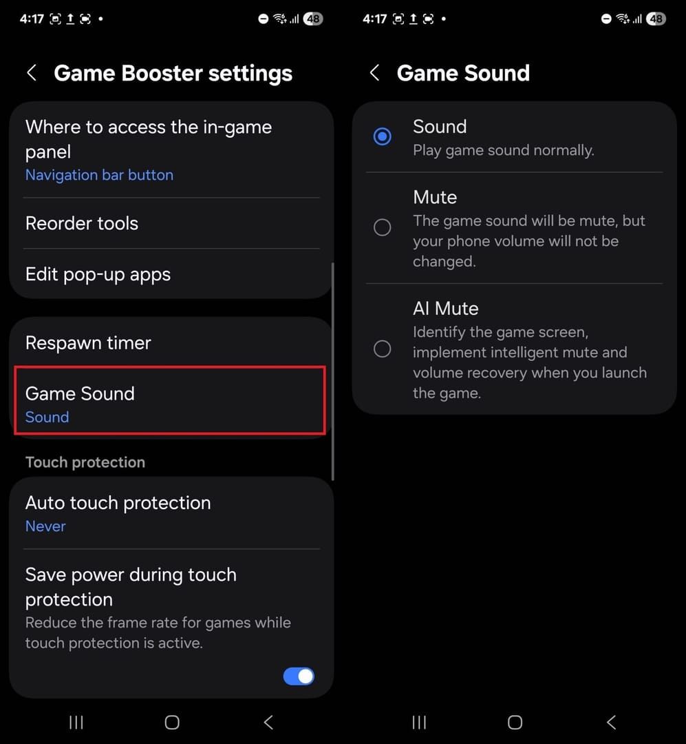 Samsung Game Booster configuration screen with performance settings for PUBG Mobile