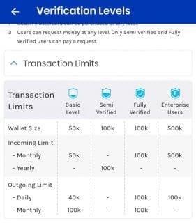 GCash mobile app interface displaying different account verification levels and their transaction limits