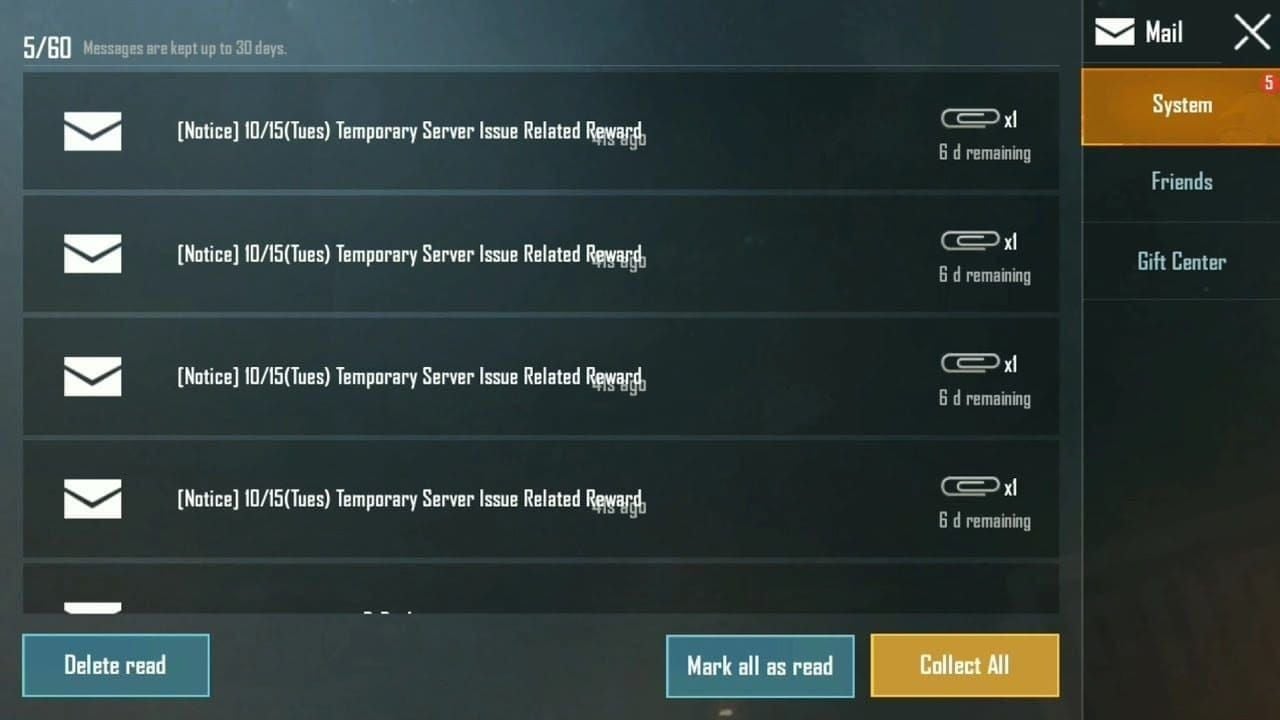 PUBG Mobile in-game mail screen for claiming redeem code rewards