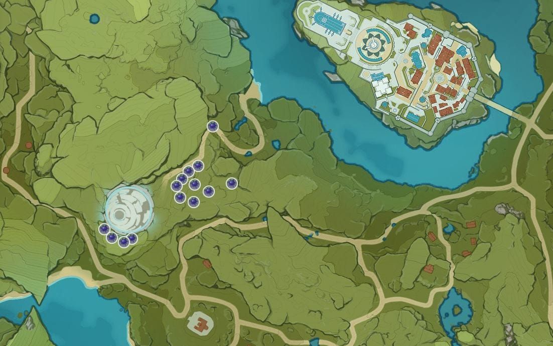 고리구 위치와 파밍 루트를 보여주는 원신 울프 영지 지도