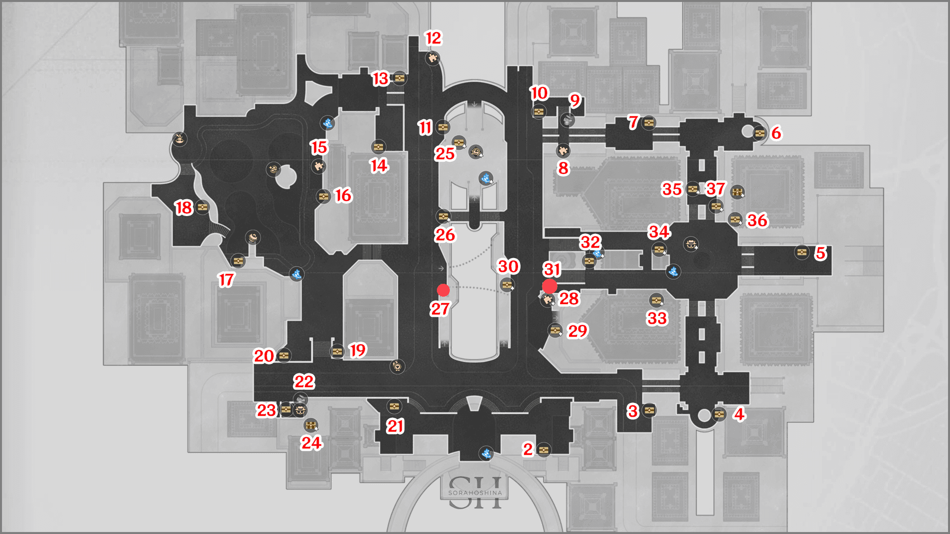 होनकाई स्टार रेल में छिपी हुई क्वेस्ट ट्रिगर स्थानों को दर्शाने वाला पेनाकोनी गोल्डन आवर जिले का मानचित्र