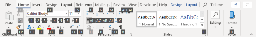 Microsoft Word-lintinterface met Alt-KeyTip-sneltoetsen op tabbladen