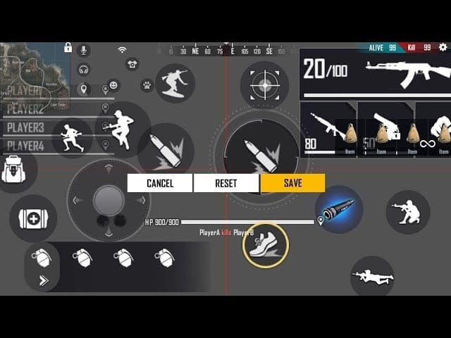 Free Fire HUD customization interface displaying various button placement options
