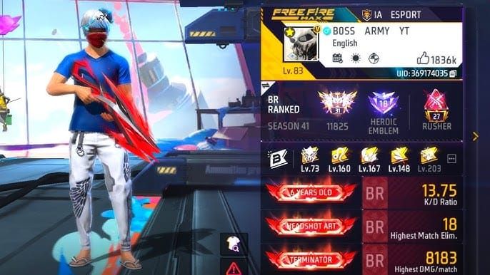 EU TR डायमंड्स टॉप-अप के लिए अवतार आइकन और प्लेयर ID के साथ फ्री फायर मेन लॉबी इंटरफ़ेस