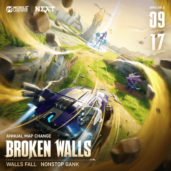Four new Mobile Legends battlefields showing Dangerous Grass, Broken Walls, Flying Cloud, and Expanding Rivers maps