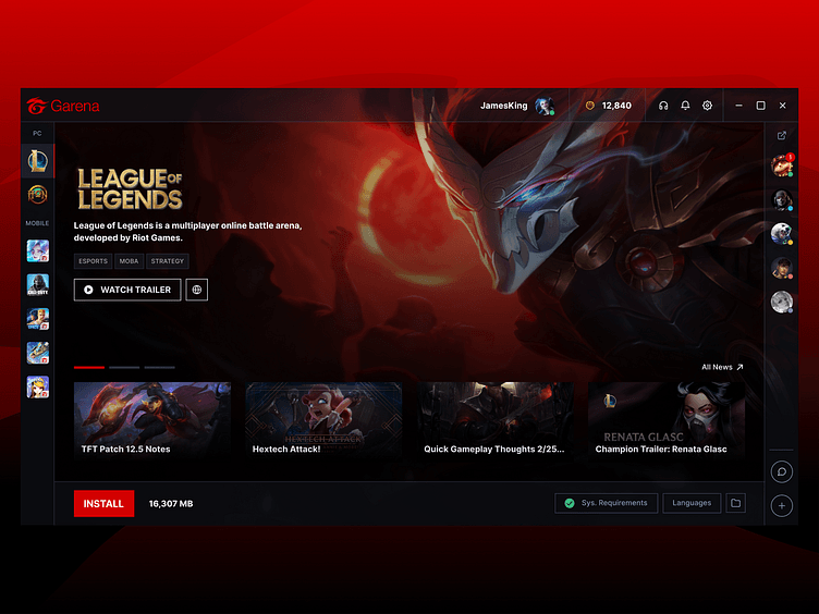 Garena PC 데스크톱 애플리케이션 런처 대시보드 화면