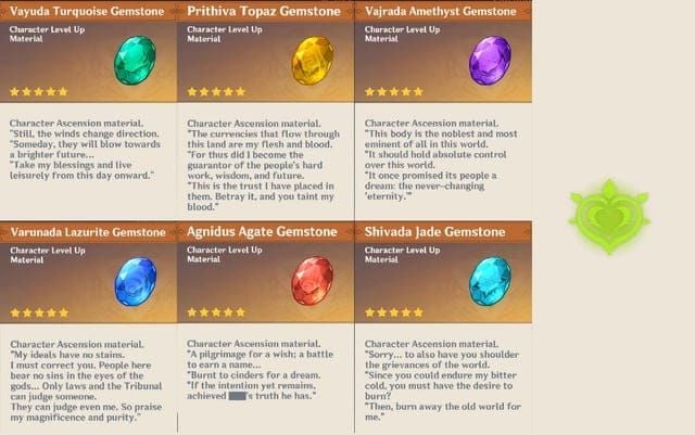 Genshin Impact elemental gemstones Nagadus Emerald, Varunada Lazurite, and Vajrada Amethyst in inventory
