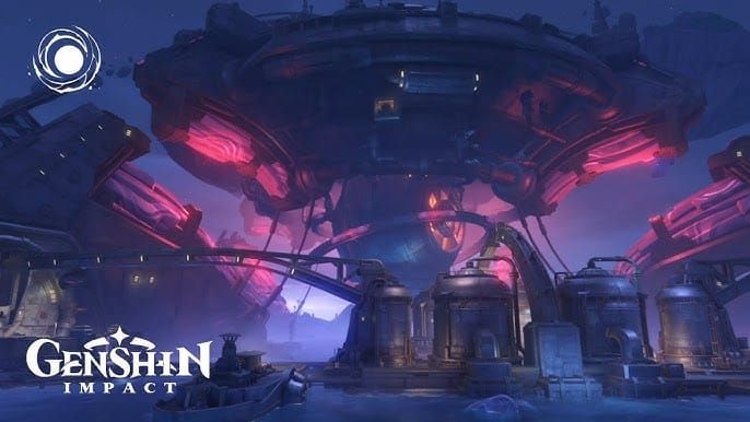 Kuuvahki Experimental Design Bureau area with Crystallized Moonbeams and Fatui enemies in Genshin Impact