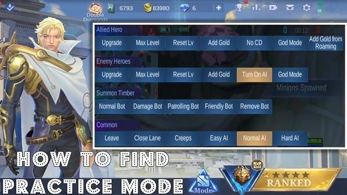 Rozhraní tréninkového režimu Mobile Legends pro testování nastavení ovládání a kalibraci citlivosti