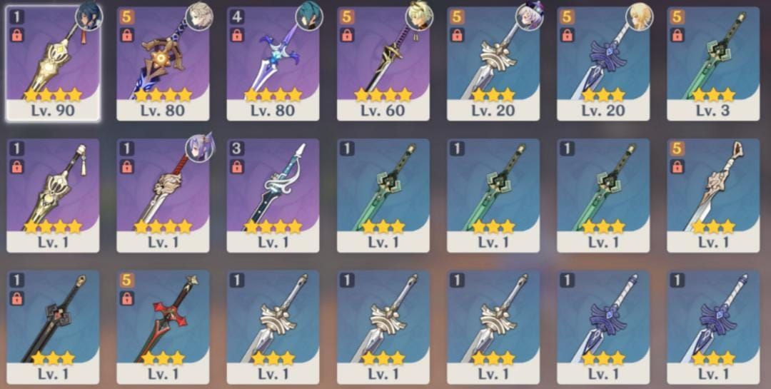 Genshin Impact F2P weapon options including Makhaira Aquamarine, Sacrificial weapons, and craftable options
