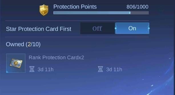 Interface de cartões de proteção do Mobile Legends mostrando cartões de Proteção de Estrelas e Proteção de Ranque