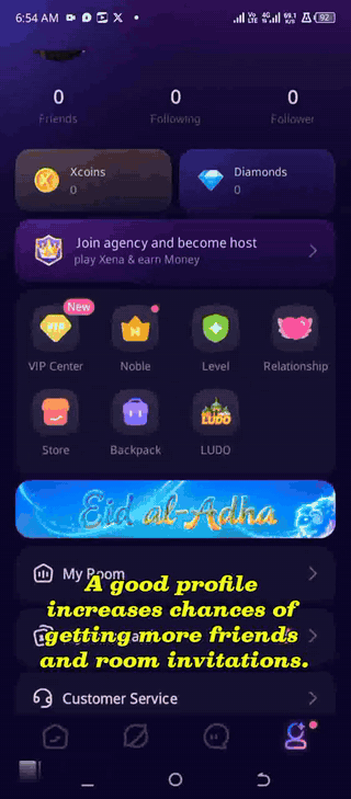 Gravação de tela animada da aba Me do Xena com saldos de Xcoins e Diamonds e o menu Configurações listando Conta e Segurança, Privacidade, Idioma, Compartilhar e Sobre