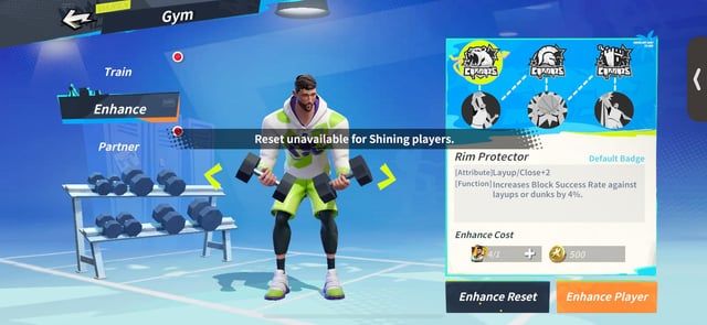 Dunk City Dynasty player enhance screen with fragment refund button