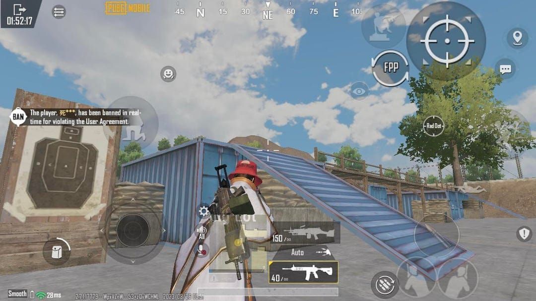 PUBG Mobile training ground screenshot showing HUD layout testing in progress