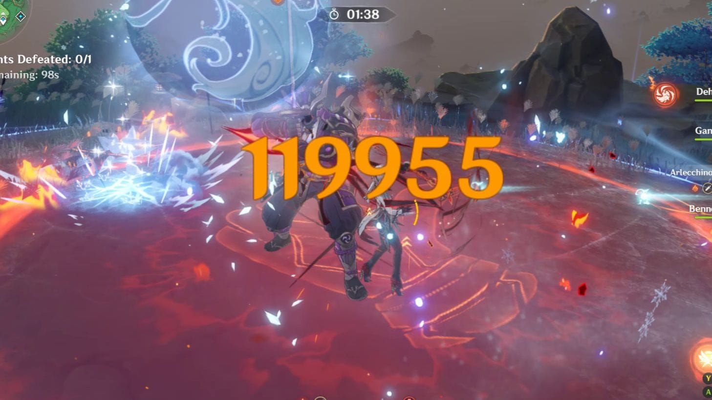 阿蕾奇诺在原神战斗中造成高额伤害，展示武器效果