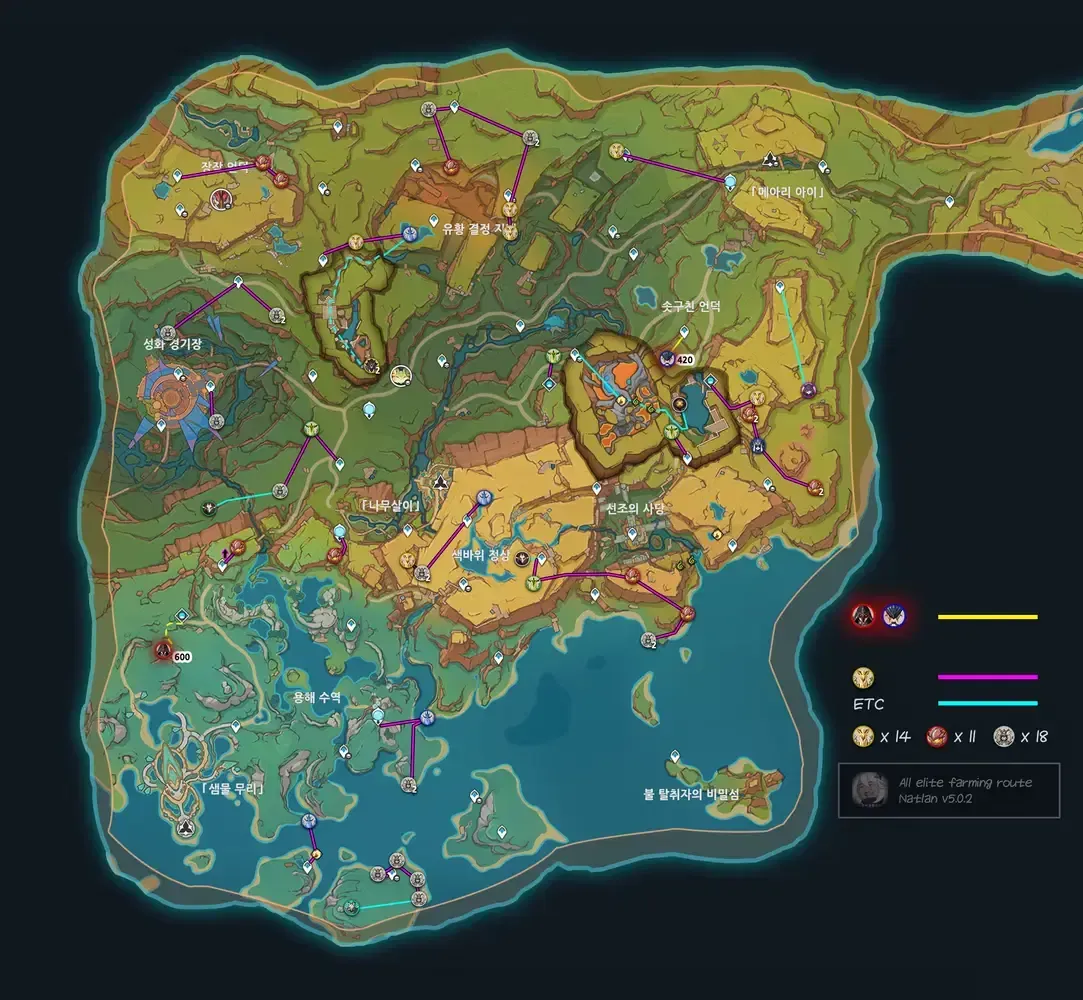 Genshin Impact gidskaart voor Oprichniki farm loop in Nod-Krai met belangrijke coördinaten