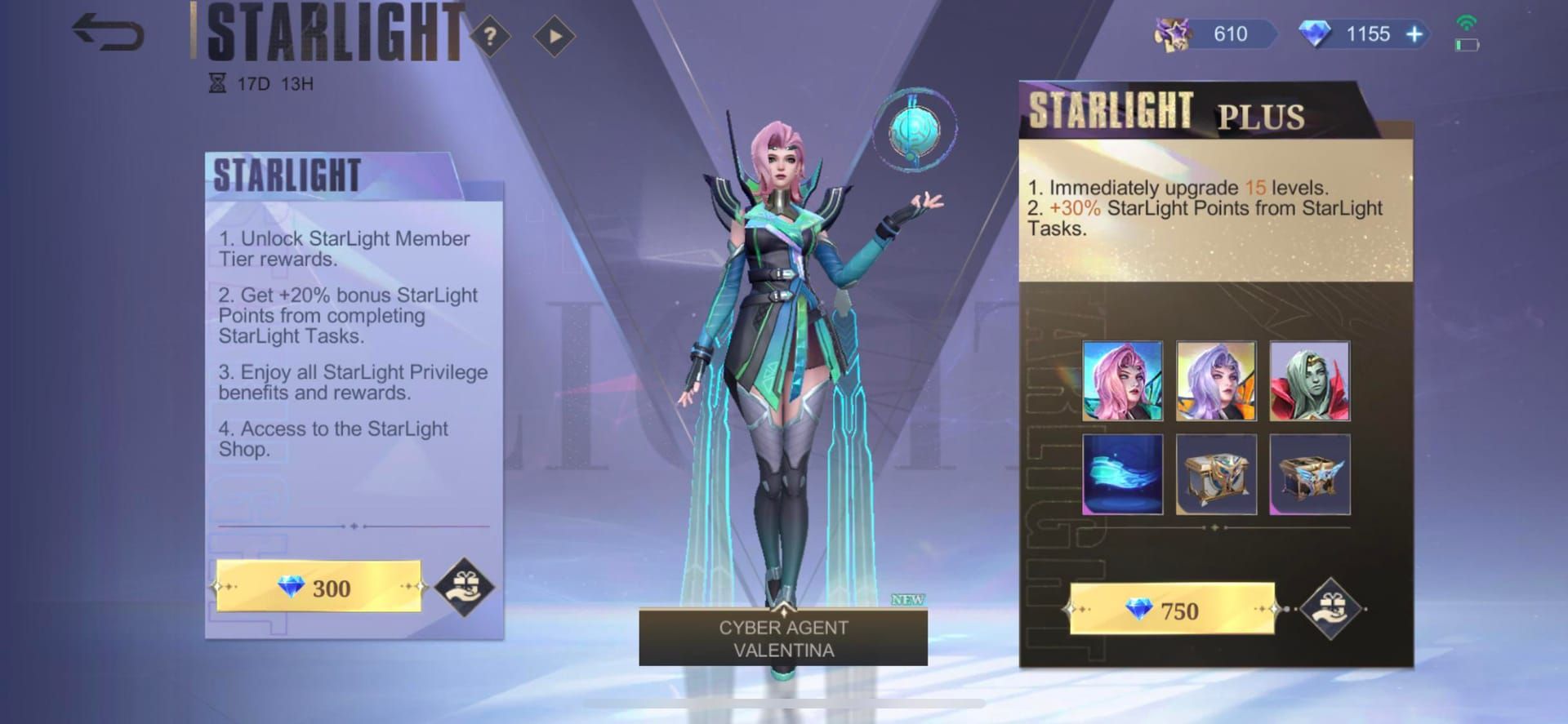 Mobile Legends Bang Bang Starlight Membership interface displaying monthly rewards and benefits
