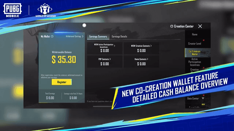 PUBG Mobile Co-creation Wallet earnings dashboard