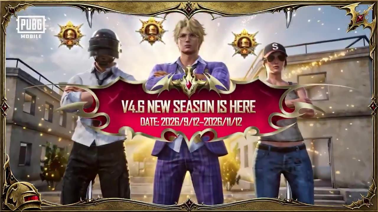 Tarjeta de nueva temporada de PUBG Mobile V4.6 que muestra las fechas de la Temporada 32 del 2026/9/12 al 2026/11/12