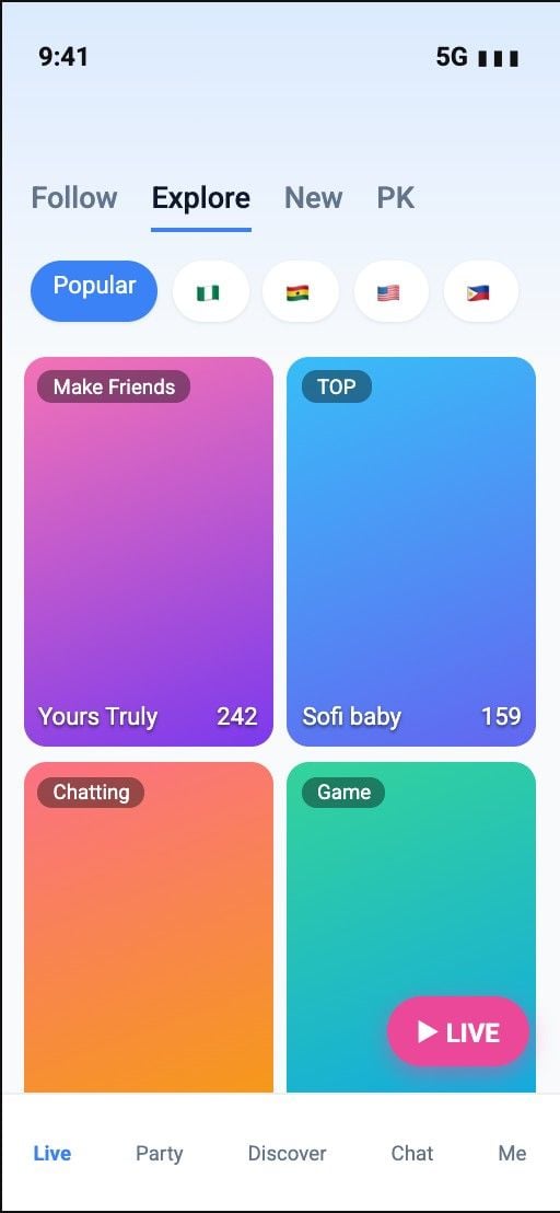 Aba Explorar do Poppo Live com transmissões ao vivo populares