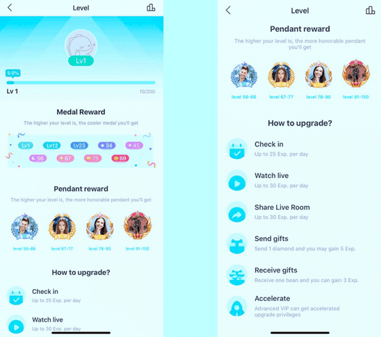 Bigo Live experience points earning chart showing XP values for different activities like broadcasting, gifting, and daily login