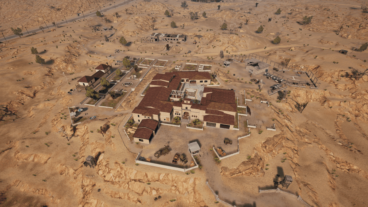 PUBG Mobile Miramar map showing Hacienda del Patrón compound and building layouts
