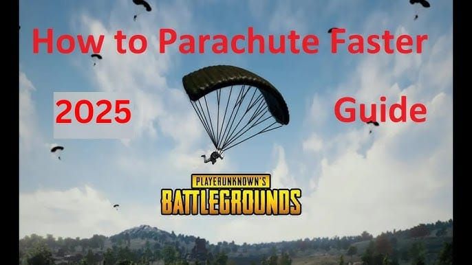 PUBG Mobile parachute diving guide showing optimal landing technique with distance markers