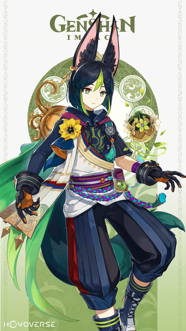 Tighnari character from Genshin Impact demonstrating Dendro elemental abilities