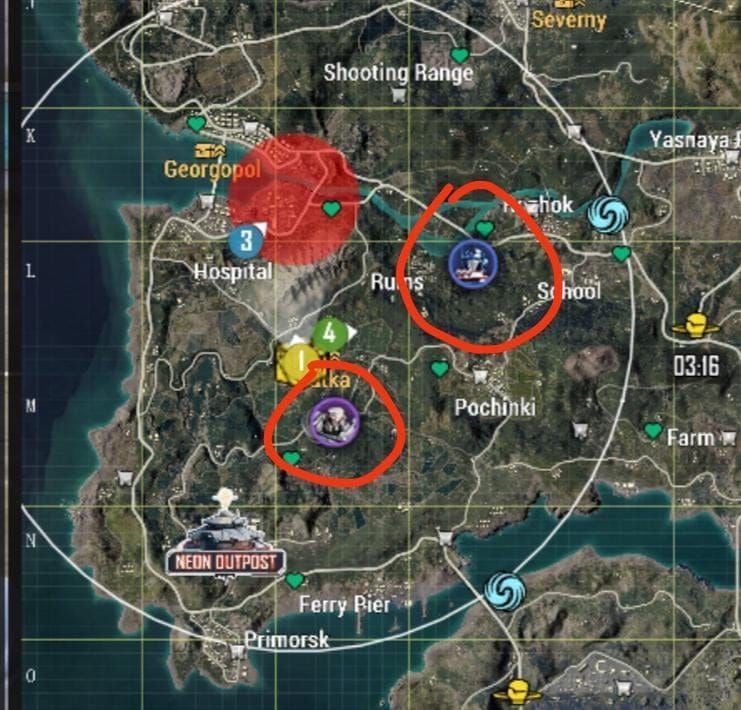 PUBG Mobile Transformers Mode map showing boss spawn points, Neon Outpost, and key locations for Spacebridge Beacons