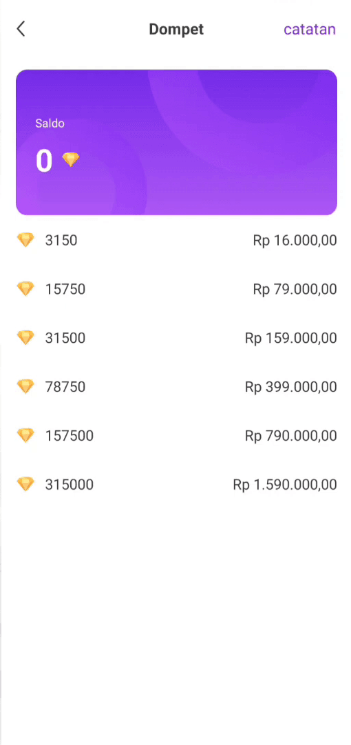 印尼语界面的 Mango Live 钱包屏幕，列出六个钻石档位，从 Rp16,000 的 3150 颗钻石到 Rp1,590,000 的 315000 颗钻石不等