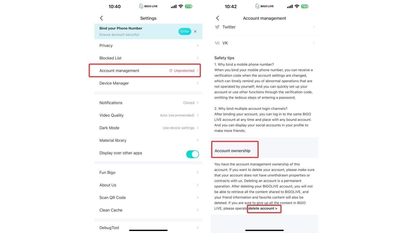 Bigo Live account deletion confirmation screen with delete button and verification options