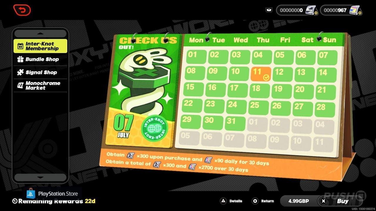 Zenless Zone Zero Inter-Knot Membership interface showing subscription benefits and pricing