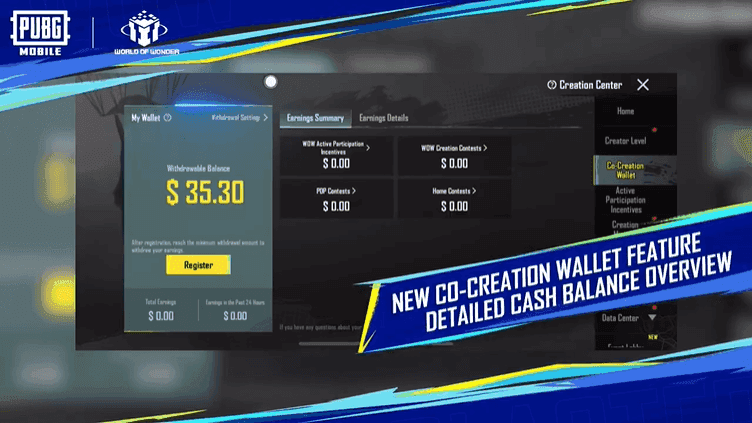 PUBG Mobile Co-creation Wallet interface displaying creator earnings tracking and performance analytics dashboard