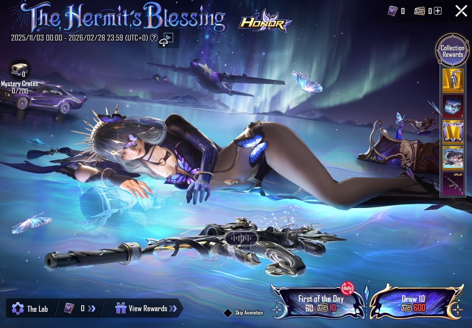 PUBG Mobile Hermit's Blessing Kisten-Interface mit Ziehungskosten und Hermit-Karten-Umtausch