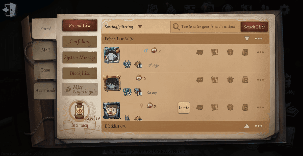 Identity V friend list interface showing custom categories and organization features