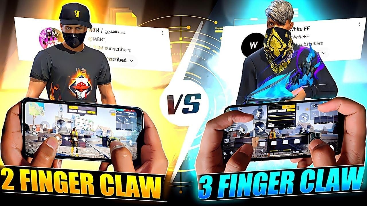 Side-by-side comparison of 2-finger and claw grip techniques for Free Fire mobile gameplay