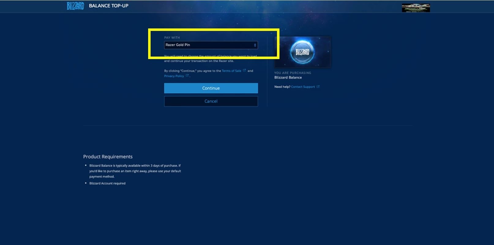Direct game web top-up payment checkout screen showing Razer Gold PIN redemption field