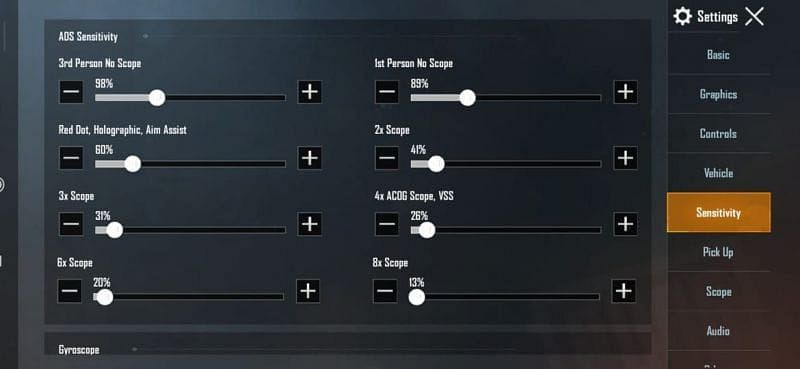 PUBG Mobile sensitivity settings interface showing camera, ADS, and gyroscope options