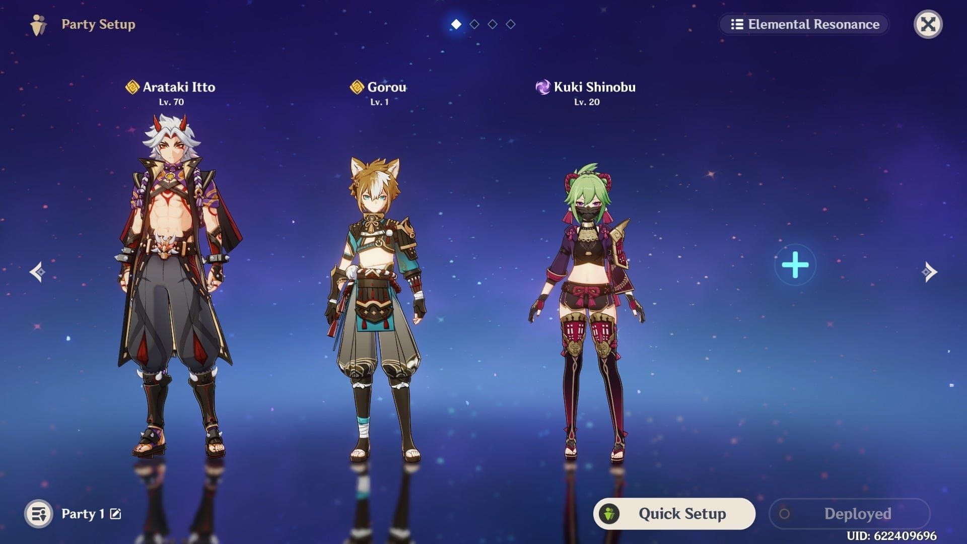 لقطة شاشة من لعبة جينشين إمباكت تظهر تشكيلة فريق غورو وألبيدو مع تأثيرات التعزيز المرئية