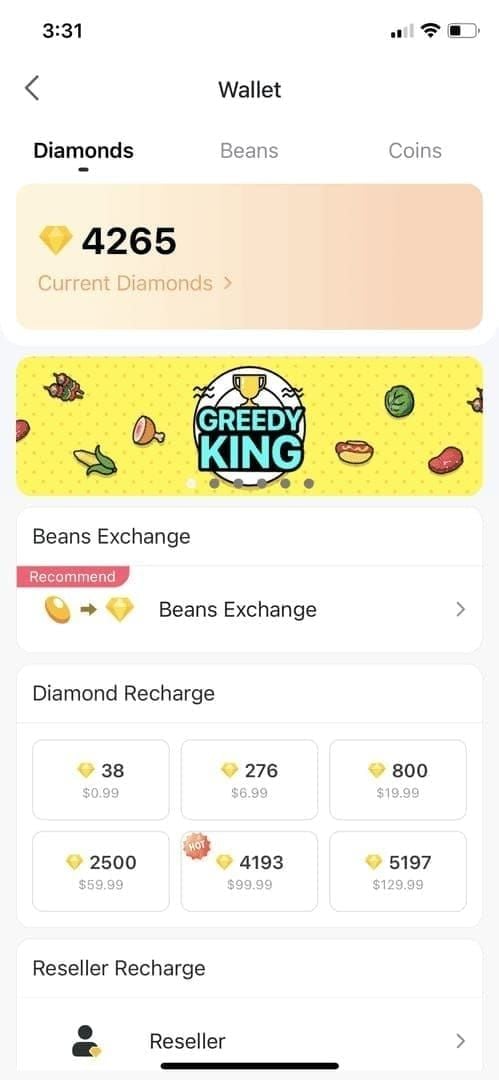 Bigo Live 个人资料钱包金豆选项卡截图，显示锁定金额、解锁时间戳和余额详情